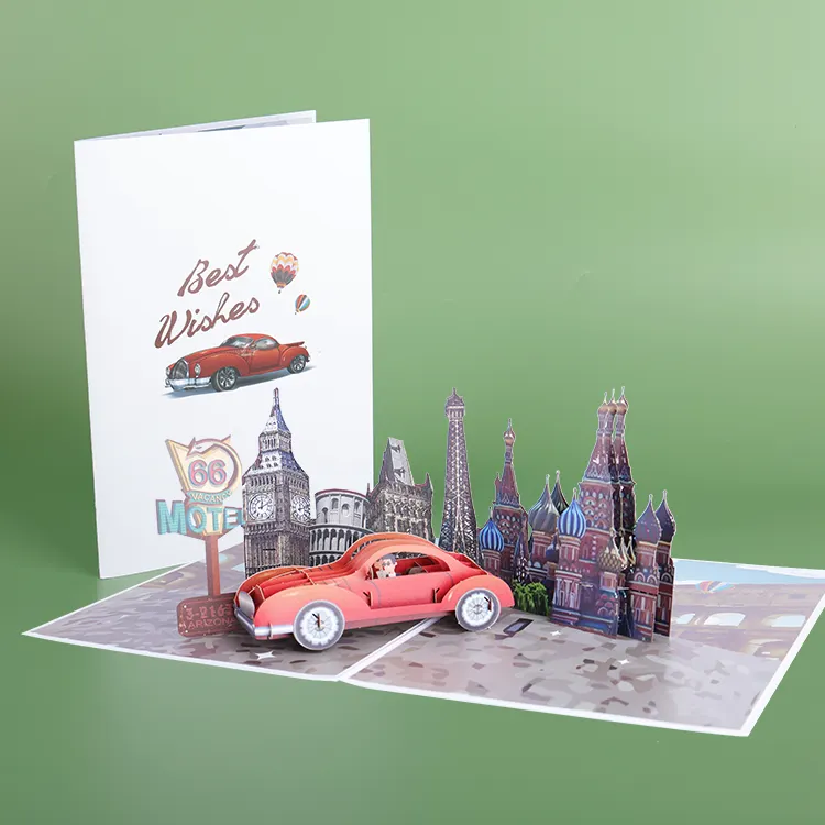 Tarjetas de felicitación emergentes 3D regalo papel impresión CMYK viaje edificio coche rojo creativo nuevo diseño personalizado