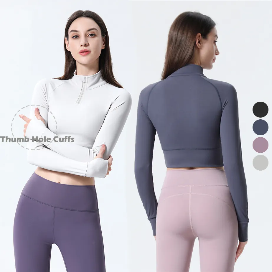 เสื้อครึ่งตัวแขนยาวสำหรับผู้หญิง,เสื้อเอวลอยผลิตจากผ้ามีซิปสำหรับใส่ออกกำลังกายปี2021