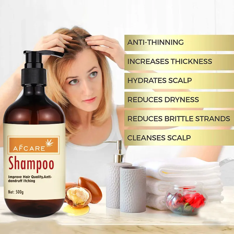 Champú para salón de belleza Prevención de pérdida de cabello sin Sulfatos Aceite de argán refrescante e hialurónico Champú natural para oscurecer el cabello gris