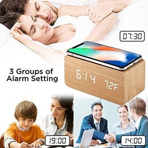 Reloj despertador digital de madera con carga inalámbrica Reloj digital LED con visualización de temperatura y fecha Reloj despertador - Product Image 3
