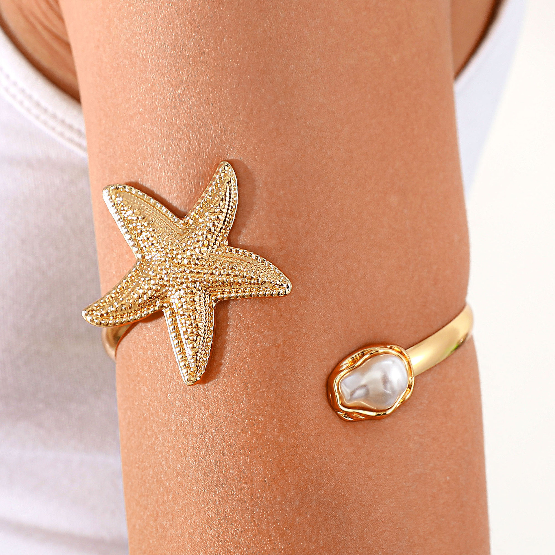 Golden Pearl Starfish Arm Ring