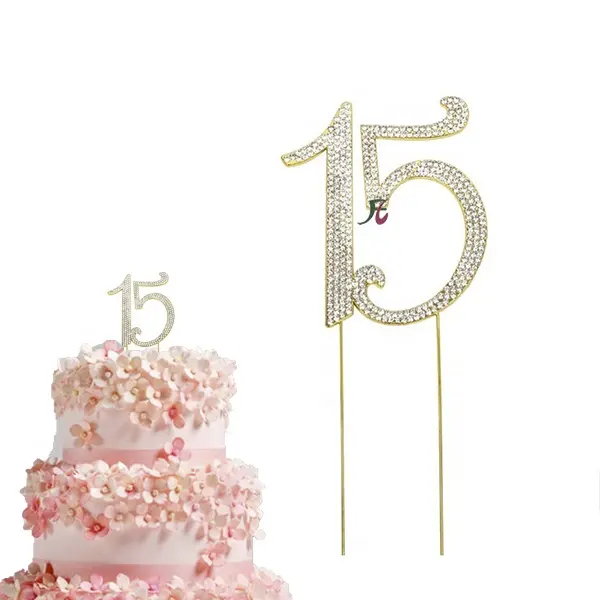 Oro cumpleaños número 15 Topper de la torta de aniversario de diamantes de imitación de cristal decorativo Cupcake Topper para 15th fiesta de cumpleaños suministros