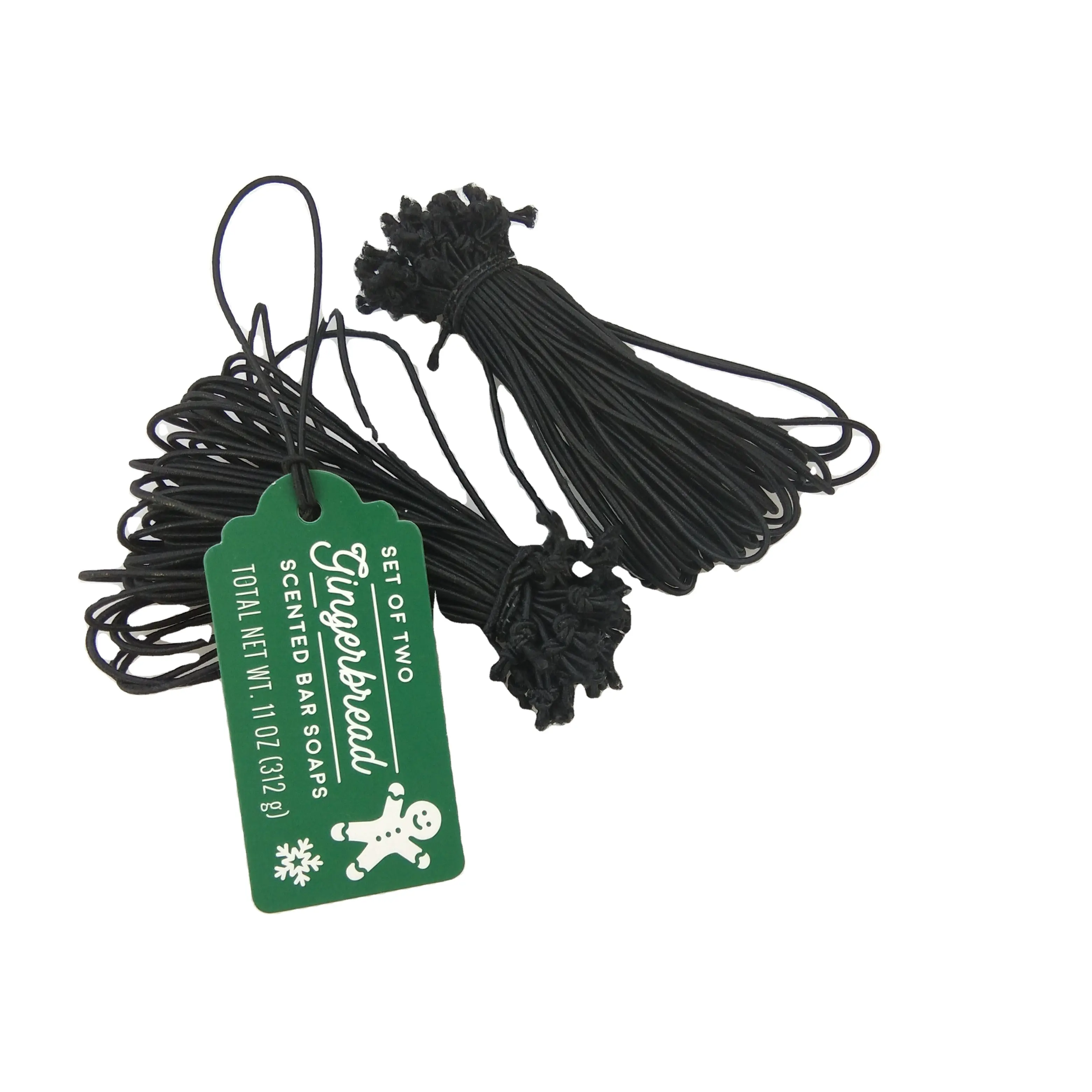 Etiqueta colgante personalizada Cordón elástico de poliéster negro Bucle anudado 1,2mm