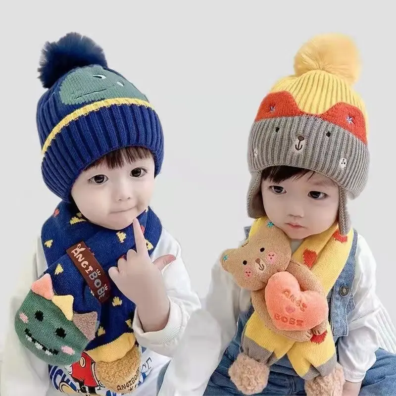 Baby Hat Plush warm wool hat cartoon cute children pom pom Penguin Pullover knitted kids winter hat Two-piece scarf