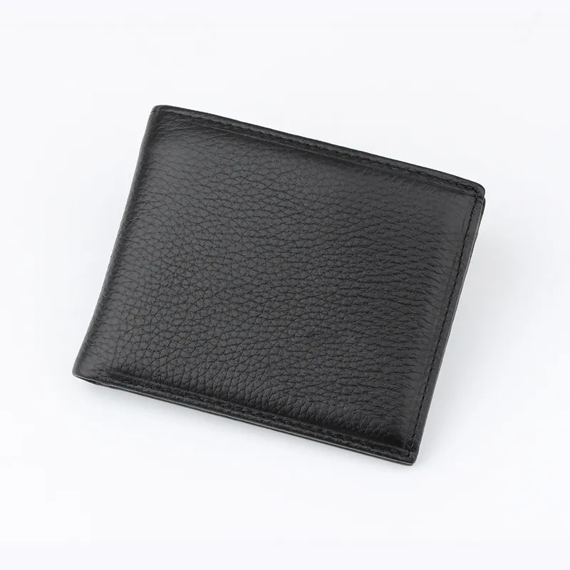 Billetera de cuero de grano completo para hombre, billetera de diseñador de lujo personalizada, monedero de negocios corto, billetera de cuero genuino negro, venta al por mayor