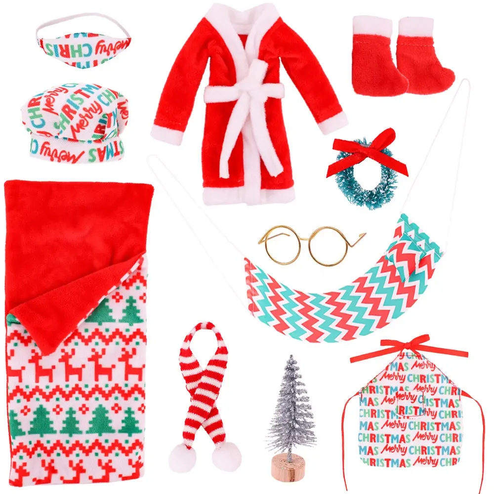Bonecas elf, conjunto de acessórios de natal, papai noel, sacola de dormir, avental de balanço, sapatos, cachecol, chapéu, bainha de árvore de natal, boneca em miniatura