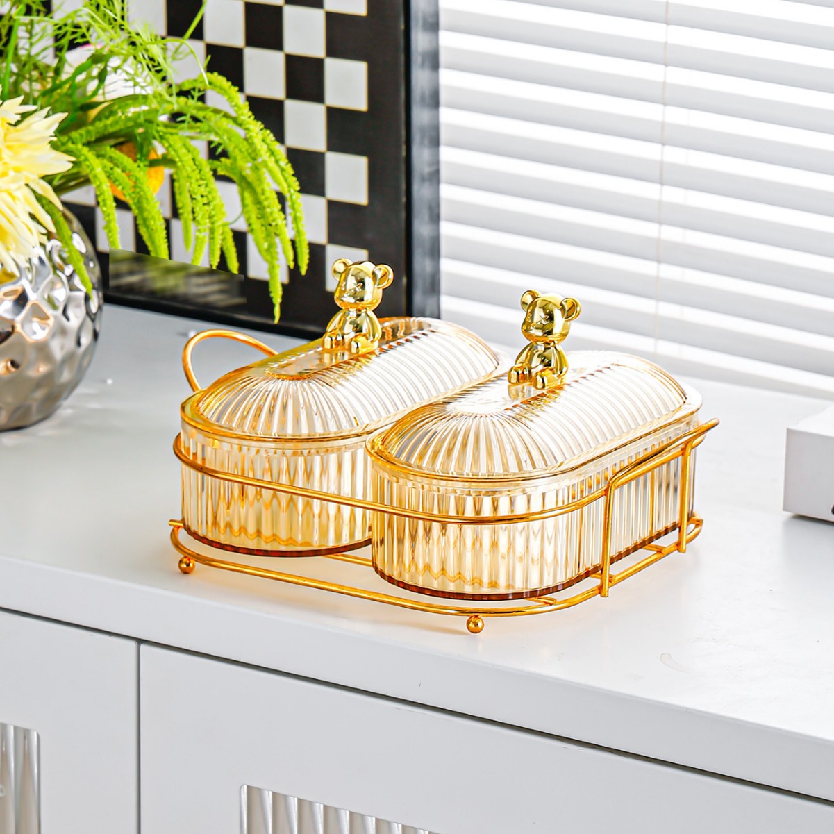 Bear Gold Stand - Amber Oval Dishe - 2 Compartments