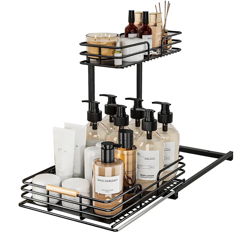 Vendita calda di alta qualità 2 pneumatici neri sotto il lavello Organizer mobile da cucina e da cucina di stoccaggio ripiano Organizer