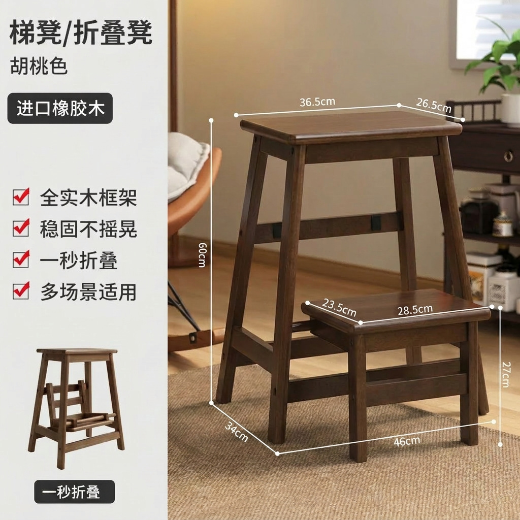Walnut-colored folding double step stool