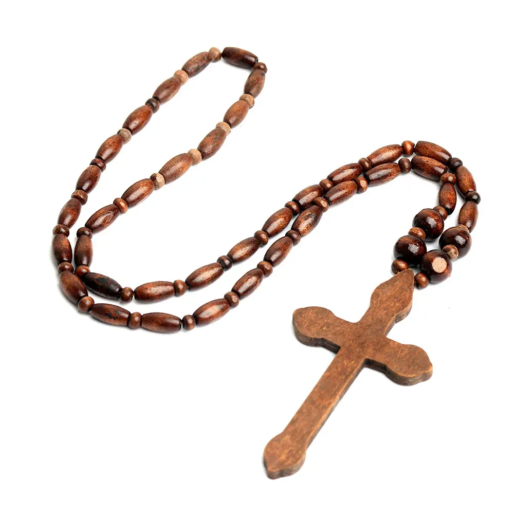 Collana cattolica religiosa dei rosari del pendente della croce della perla di legno naturale di gerusalemme per gli uomini