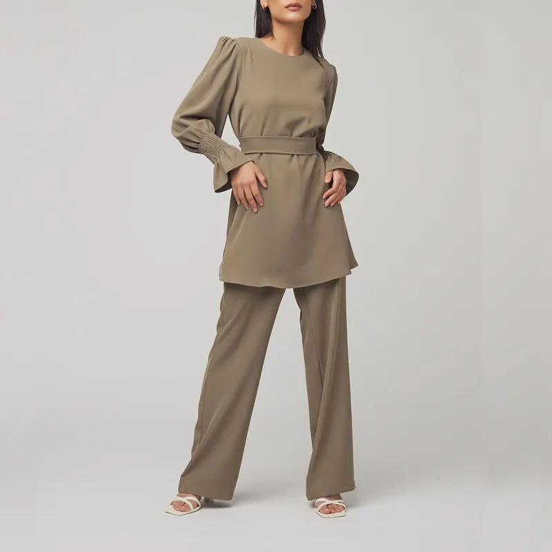 Custom high quality plain 2 Piece Sets Women Clothing Modest Women Muslim Tunic Shirt And Pant Two Piece Sets