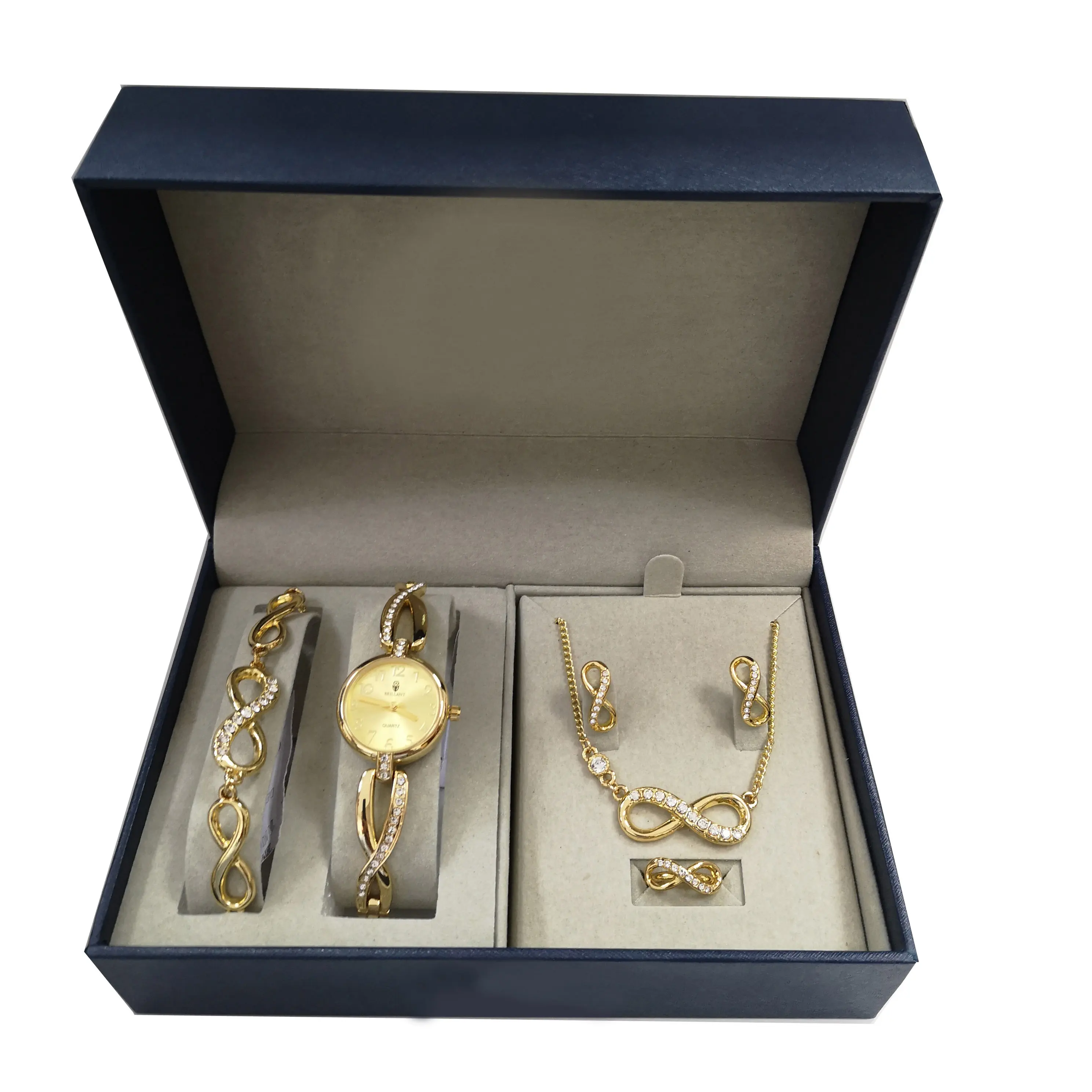 ساعة ذهبية مع مجموعة مجوهرات نسائية ممتازة فاخرة بلينغ سوار ساعات نسائية كوارتز ساعة يد نسائية