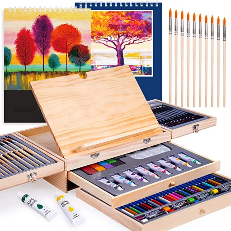 Juego de Arte de madera de lujo, Kit de pintura de dibujo artesanal con caballete y 2 almohadillas de dibujo, 85 piezas
