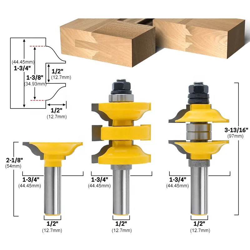 3Bits Classical Extended Tenon Entry Door Rail and Stile Set 3 Pc. Router Bits Set with Tenon Cutter - 1/2" Shank