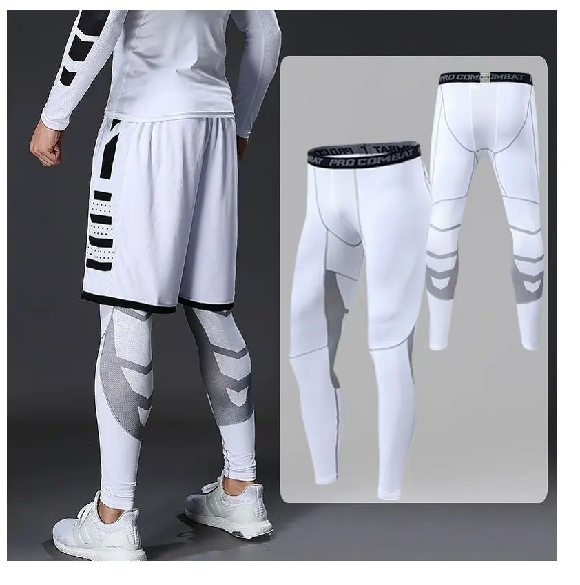 Pantalones de compresión personalizados para hombre, mallas para correr, gimnasio, deporte, trotar, entrenamiento, color blanco y negro