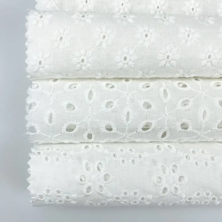 Çin tekstil kumaş beyaz işlemeli İsviçre vual kuşgözü % 100% pamuk nakış kumaş kadınlar için elbise