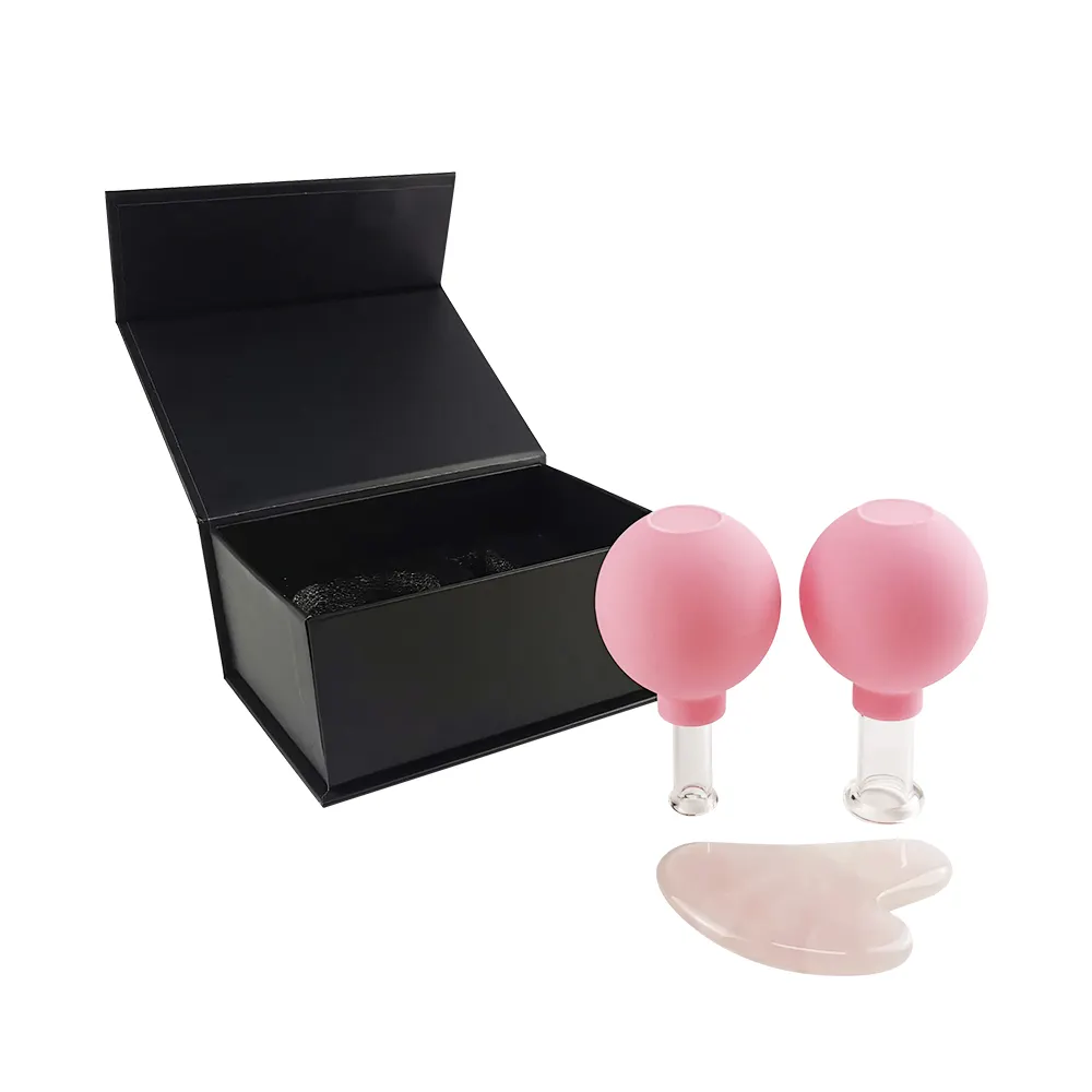 Vacuum Suction Cups Guasha tool Set Massager face Cupping Set with 2 small cups and pink jade guasha tool