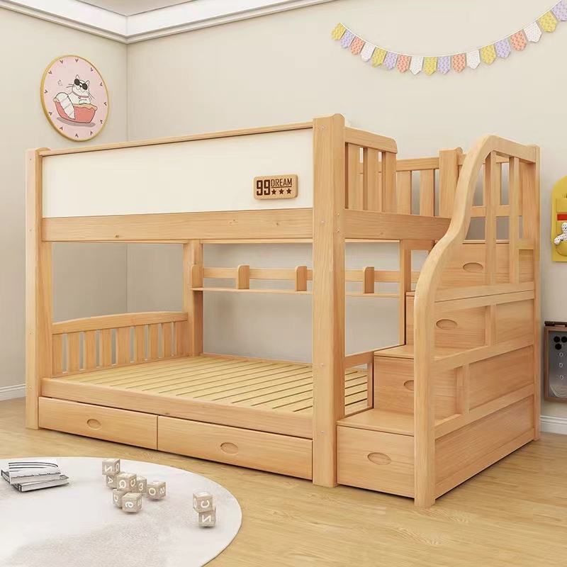 Cama de color madera + escalera + estante + cajón