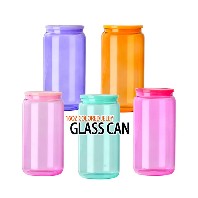 Almacén de EE. UU. 16oz Sublimación en blanco Transparente Candy Jelly Beer Glass Can Tazas de colores MUG PRINT con tapa de plástico y pajita