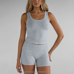 Biểu Tượng Tùy Chỉnh Chất Lượng Cao Mùa Hè Phòng Chờ Mặc Đặt Gấp Trên Quần Short 2 Mảnh Bộ Bông Gân Tank Top Và Quần Short Set Cho Phụ Nữ - Product Image 4