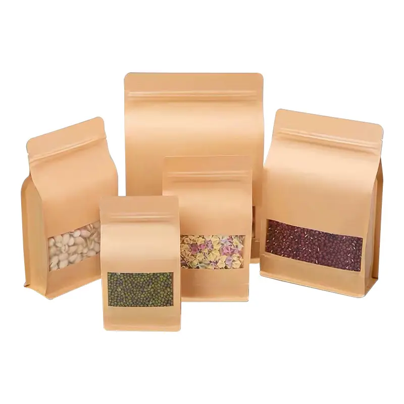食品グレードの再封可能な平底ジップロックパッケージナッツ & カーネルポーチコーヒー生分解性クラフト紙袋