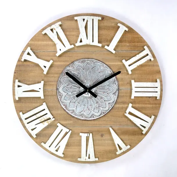 IVYDECO-Reloj de pared grande de madera antigua para el hogar, decoración clásica de Metal