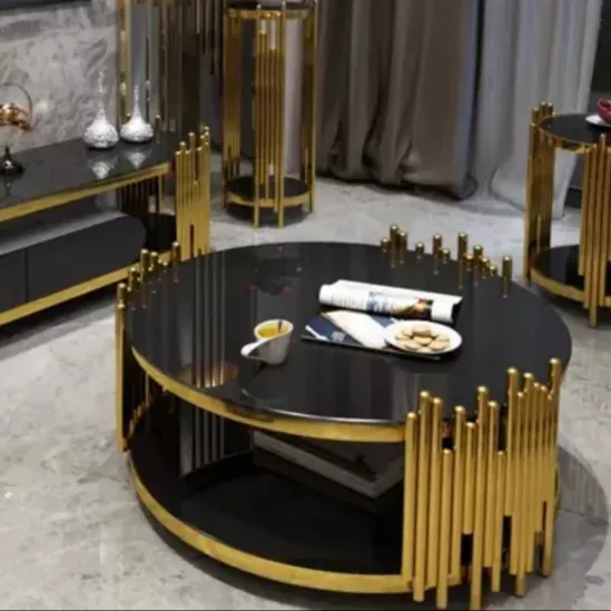 Mesas de consola de cristal con espejo de marco dorado de lujo ligero de nuevo diseño, mesa de centro redonda moderna