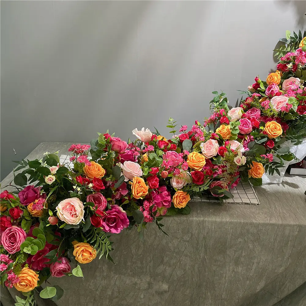 Corredor de flores de color rosa fuerte, decoración de boda/Exhibición/evento, caminos de mesa florales para boda campestre, arreglos