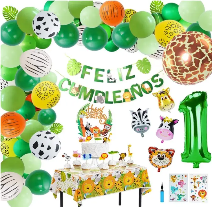 Perlengkapan pesta ulang tahun hutan satu balon lateks lengkungan karangan bunga dekorasi Topper kue hewan taplak meja spanduk Selamat Ulang Tahun Spanyol