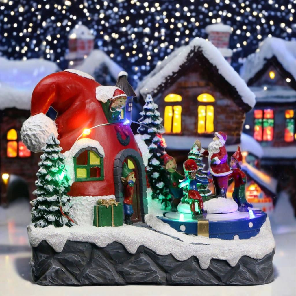 Scena del cappello di Babbo Natale in resina con luci