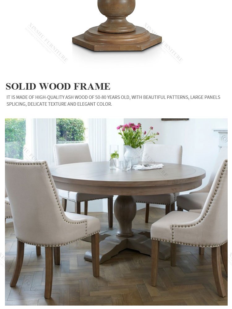 New French style oak Nordic antique style 6-seat solid wood round table with rotating center