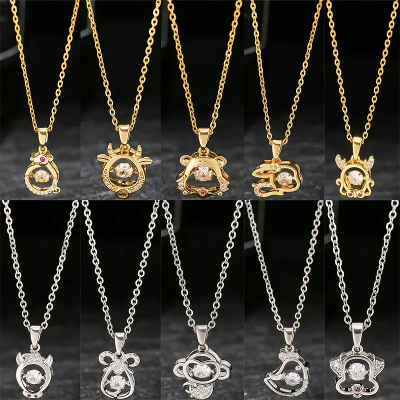 Gold Plated Animal Copper Charms Jewelry Crystal Zodiac Pendant Stainless Steel 12 Chinese Zodiacs Necklace For Birthday Gift