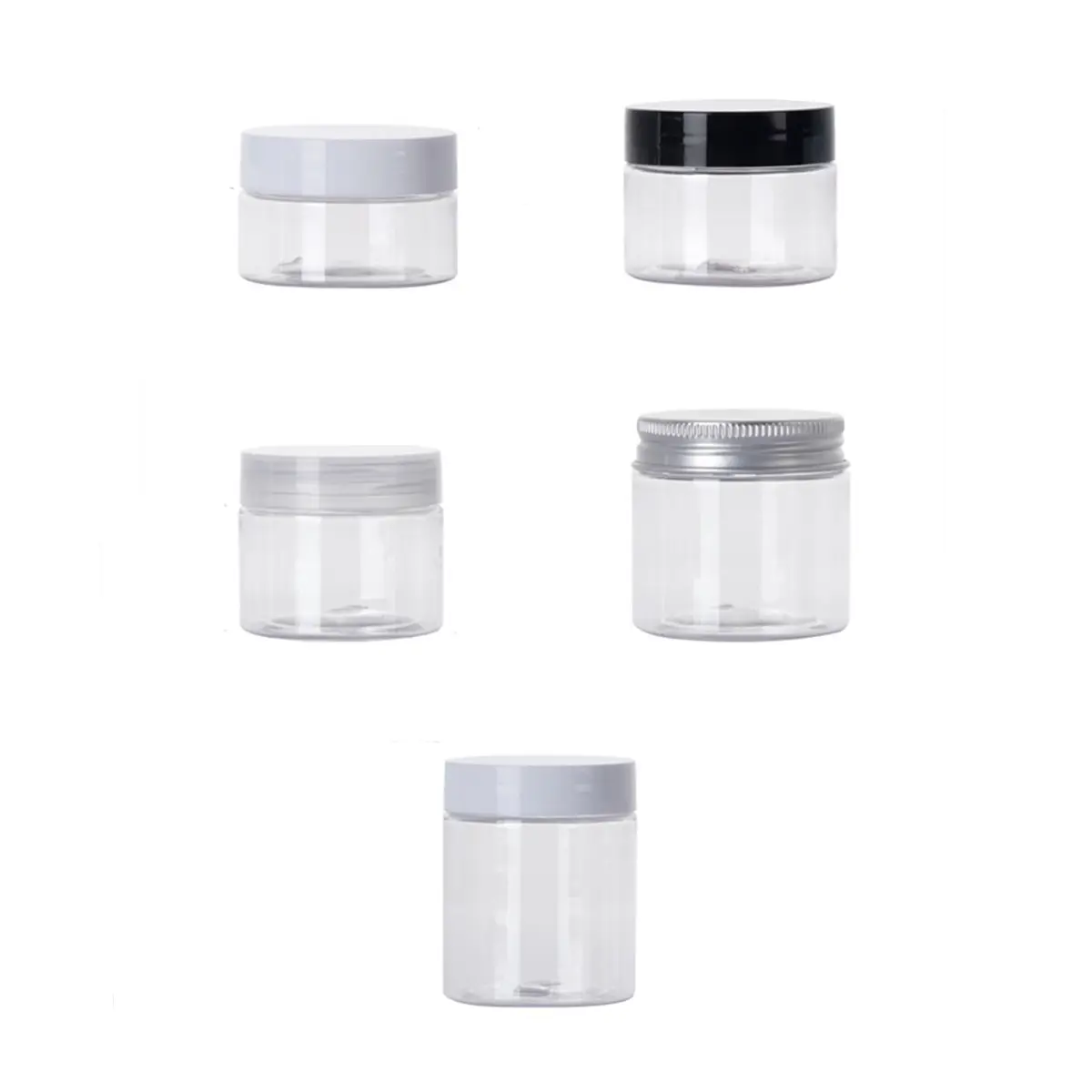 150ml 180 200g 250ml 300ml 8oz de plástico transparente redonda para mascotas tarro con tornillo de aluminio/tapa de plástico/tapa para cosmético comida olla contenedor