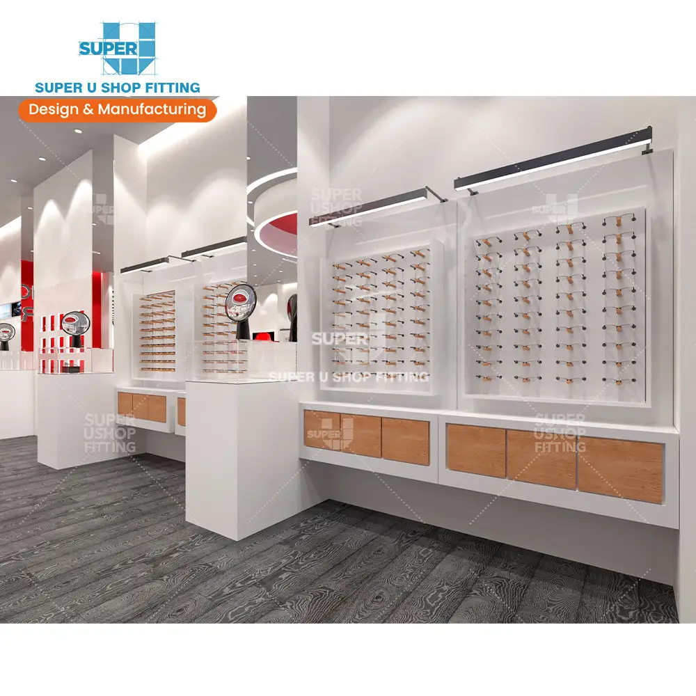 Tienda de gafas personalizada, decoración de diseño de interiores, gafas de sol de madera, muebles de exhibición, soporte de pantalla óptica personalizado montado en la pared