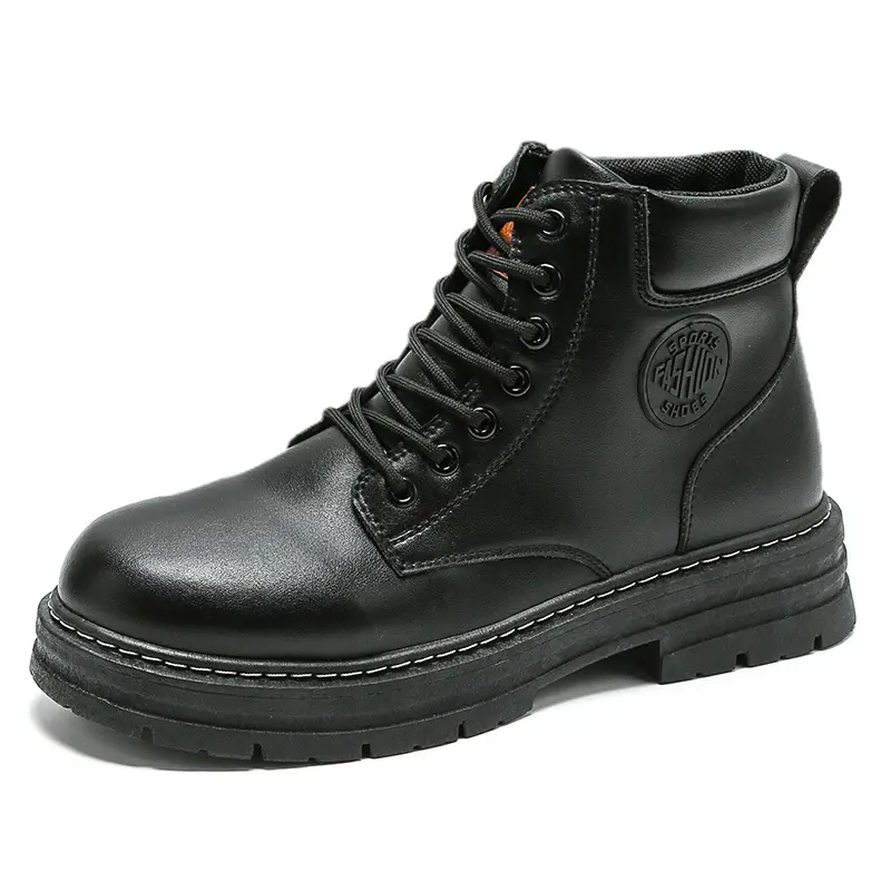 New winter Black high-top boots and fleece warm English leather shoes Youth trend men's shoes