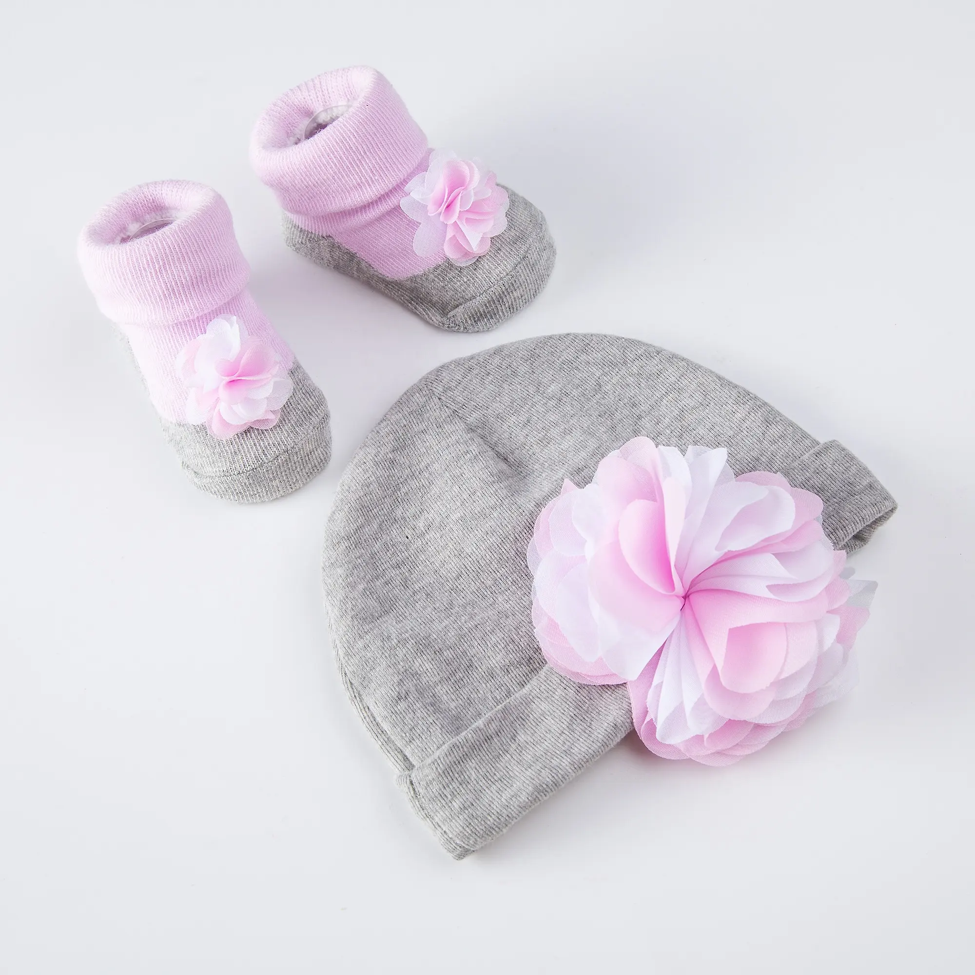 Chapéu rosa de flor feito sob encomenda, meias de algodão para bebês recém-nascidos