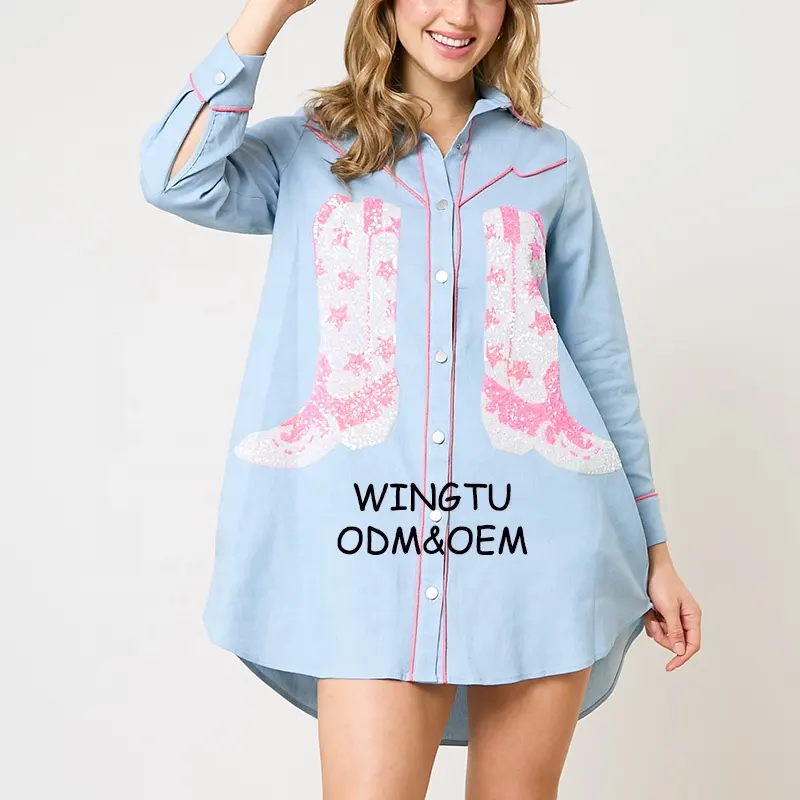WINGTU özel Logo pullu nakış kovboy botları düğme aşağı gömlek elbise kadınlar için