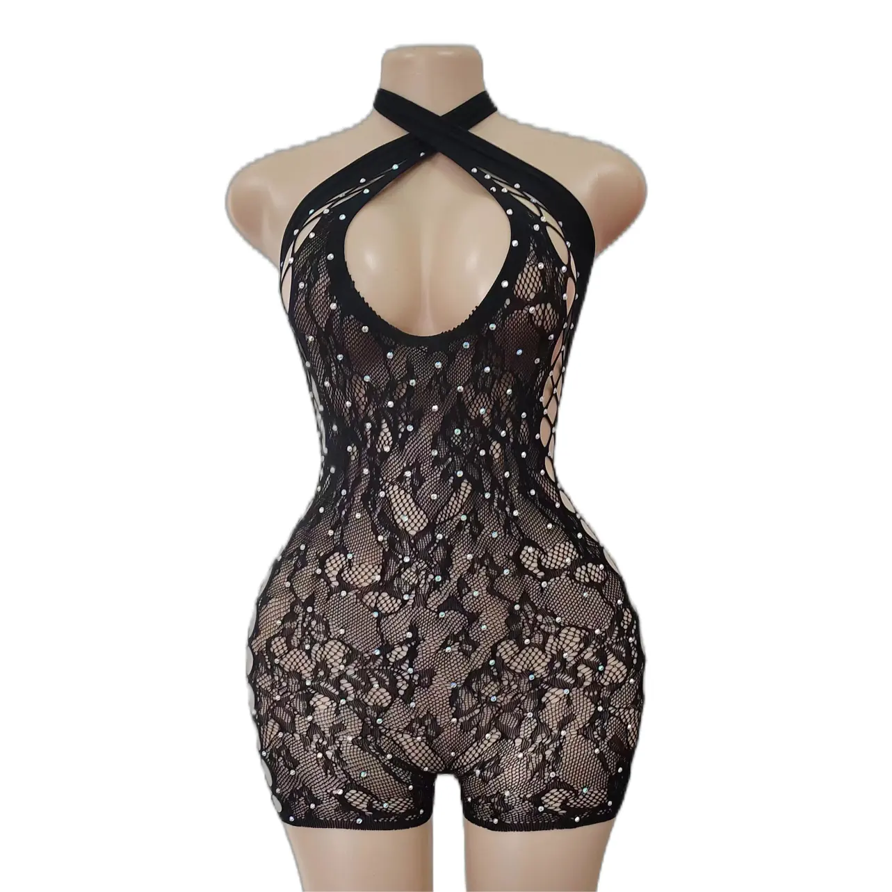 Ropa de baile en barra personalizada OEM y ODM para mujer, ropa de moda, bodystocking con diamantes de imitación, lencería con diamantes de cristal