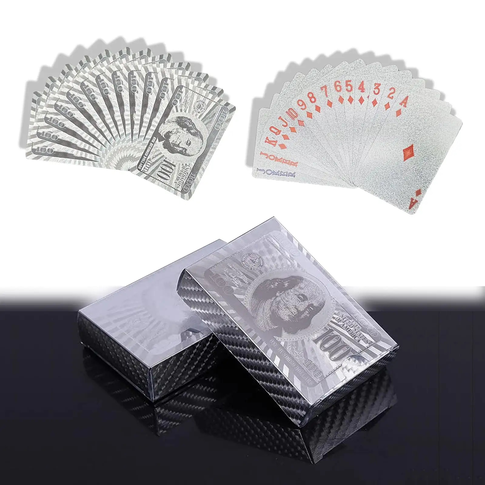 Gommage de poker en plastique à motif de dollar en argent à la mode en plastique ou maison de jeu carte de jeu en plastique nouveau classique 3 ensembles