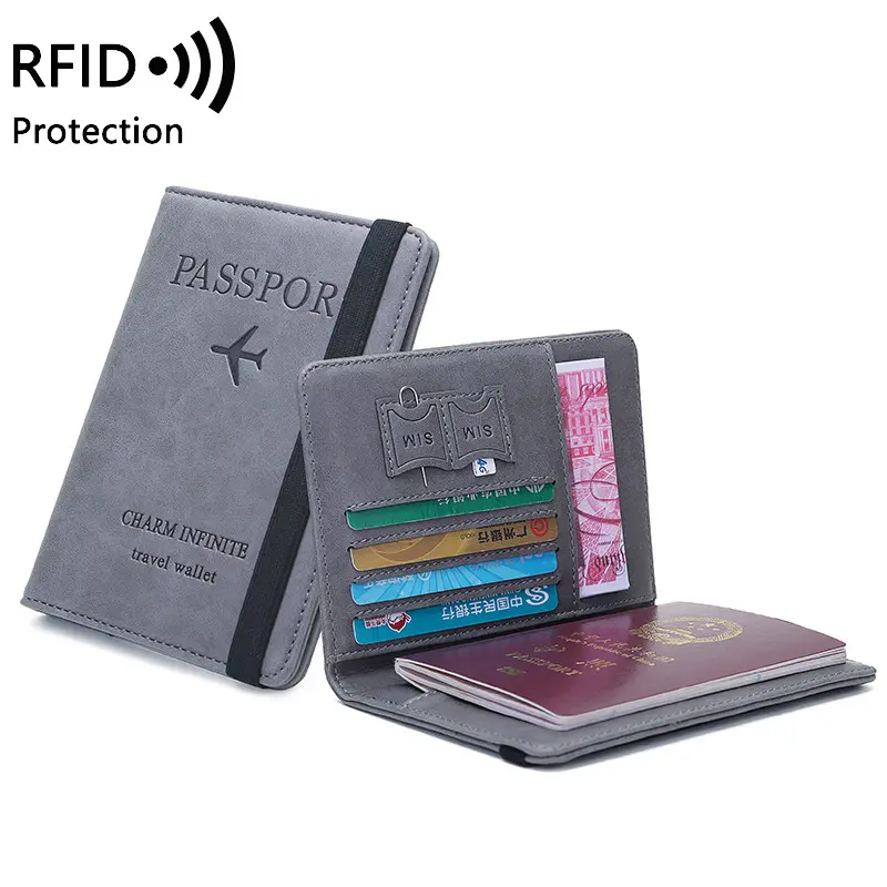 Fabbrica di alta qualità Rfid Blocking PU Leather Passport Cover porta carte di credito portafoglio porta passaporto con Slot per SIM Card Tick Holder