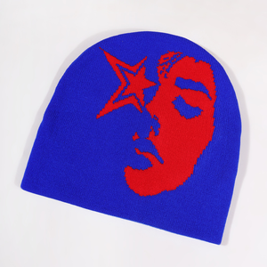 Custom Winter Jacquard Beanie Hats Animated Pattern Style Star Human Face Knitted Cuffed <strong>Toque</strong> with Plaid Character <strong>Image</strong> Style