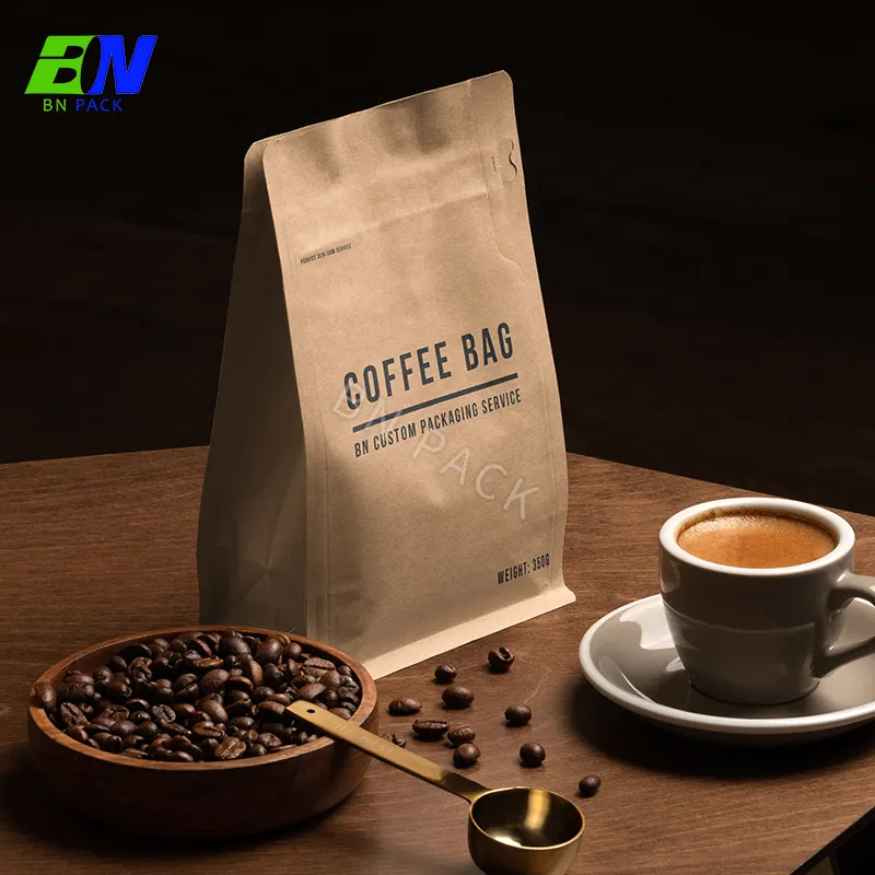 Bolsa de café de papel kraft natural respetuoso con el medio ambiente, bolsa inferior con cierre hermético y válvula