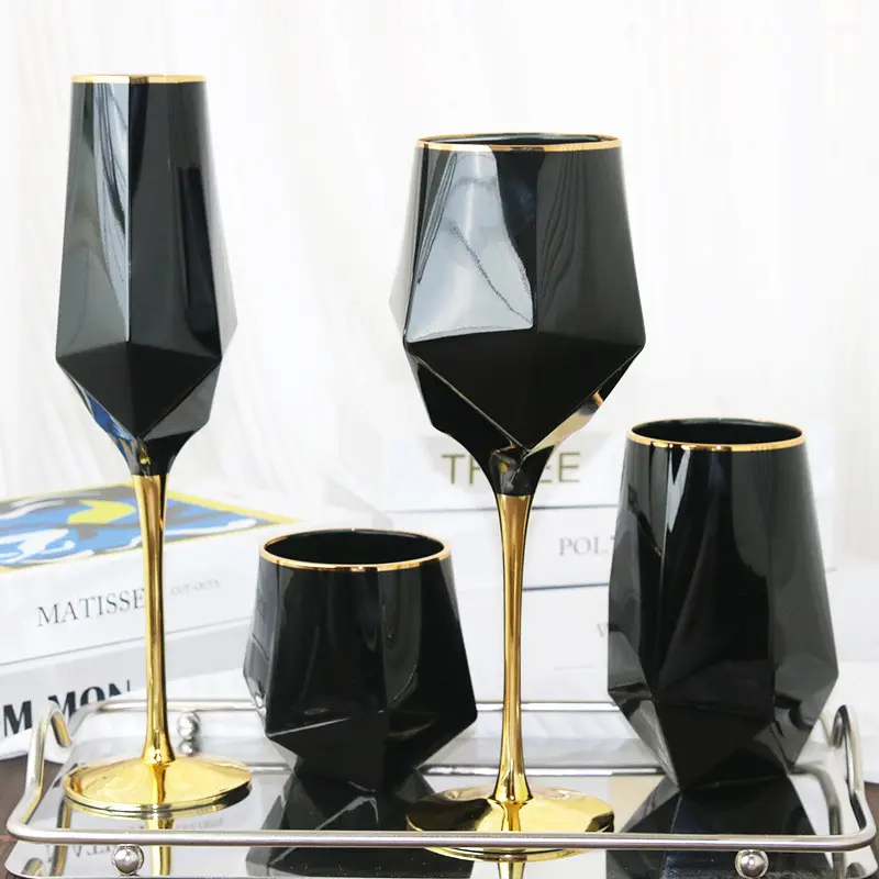 Gold rim solid black goblet wine glasses champagne flute glass tumbler drinking glass cups for wedding