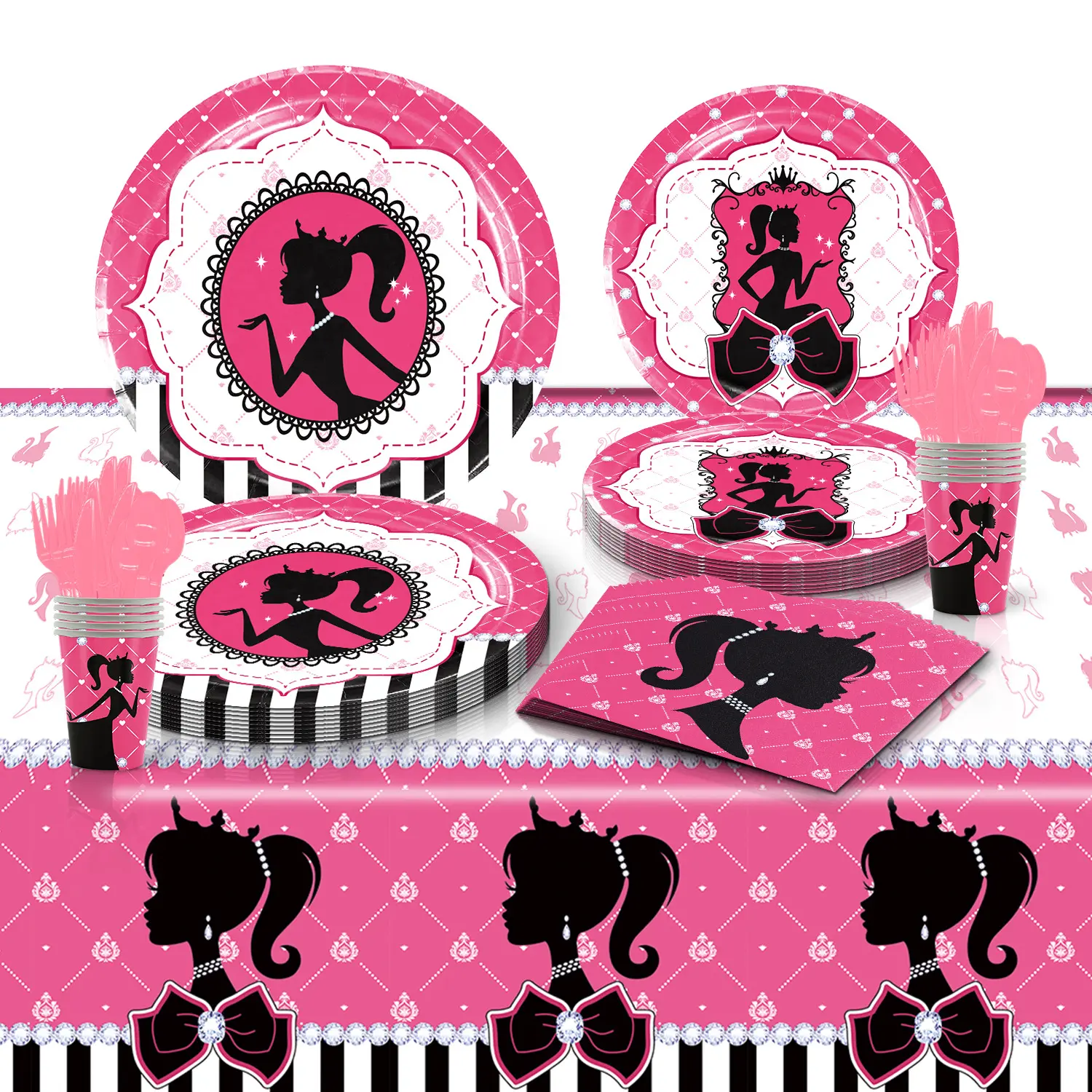 Assiette en papier à thème rose pour fête de famille, serviette de table jetable, ensemble de vaisselle pour enfants, K303