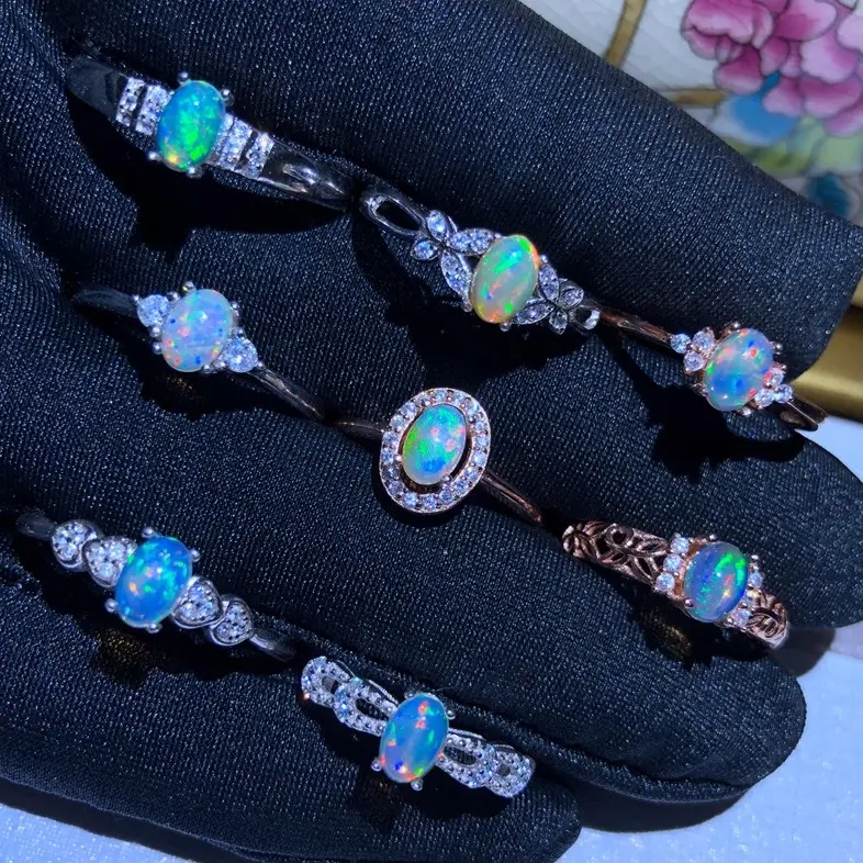 925 Sterling Silver Opal Australia Alami Oval Cincin Moonstone Glitters Api Opal Batu Kasar Pertunangan Band Perhiasan