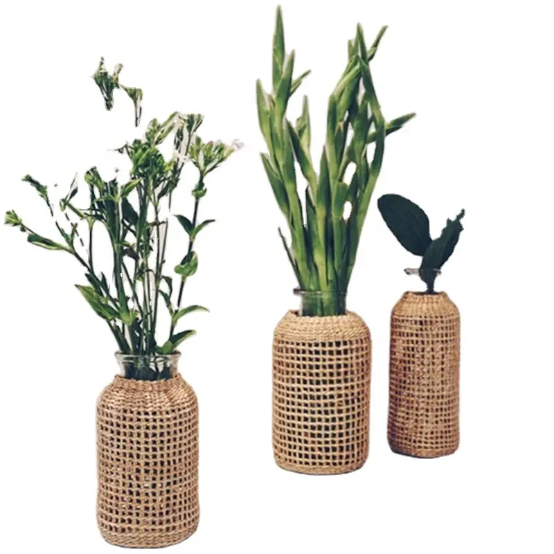 Florero seco de vidrio tejido de paja, jarrón de flores de estilo japonés, macetas creativas para cultivo de agua, ornamento de decoración de escritorio