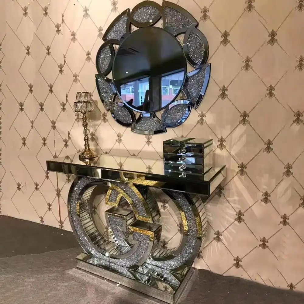 Fábrica profesional de oro moderna GG aplastado diamante muebles mesa de consola con espejo