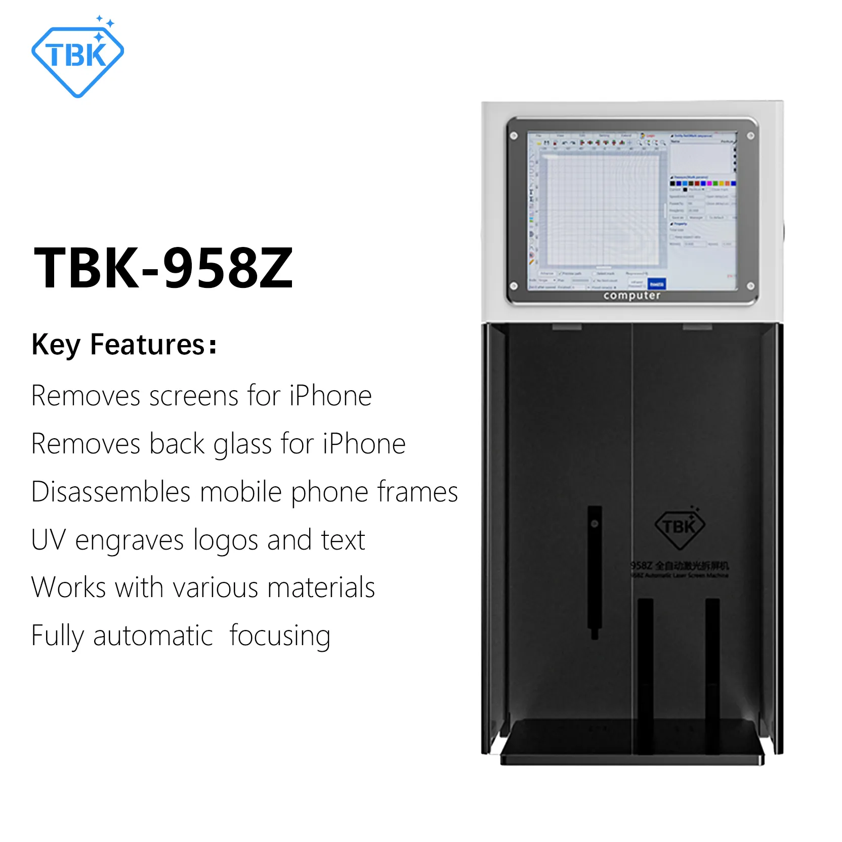 TBK 공장-직접 TBK958Z 3W UV 라이트 레이저 기계 전화 백 유리 커버 제거 수리 기계 조각 마킹 기계