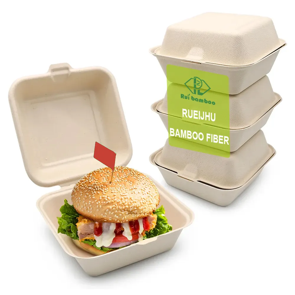 RUIBAMBOO 6*6 인치 조개 껍질 친환경 생분해성 식품 포장 대나무 식품 용기 햄버거 버거 박스 도시락