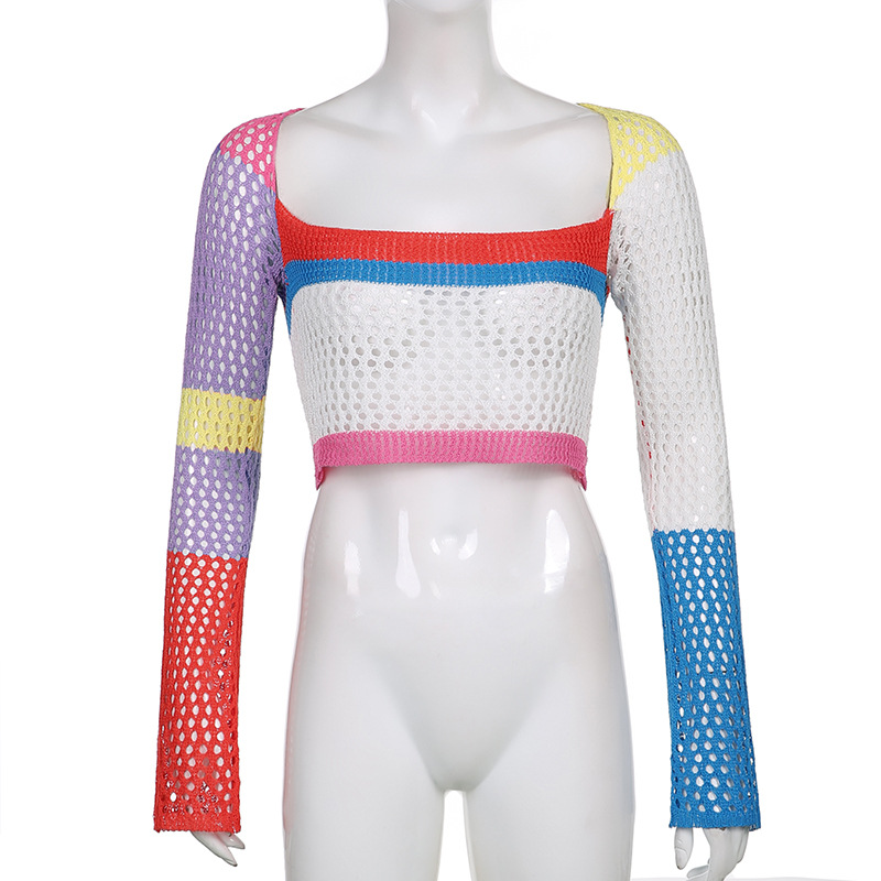 ZJ1327 Knitted Long Sleeve Crop Top Women Beach Y2K Autumn Summer Patchwork Vintage Green Casual T Shirts Sexy Fashion